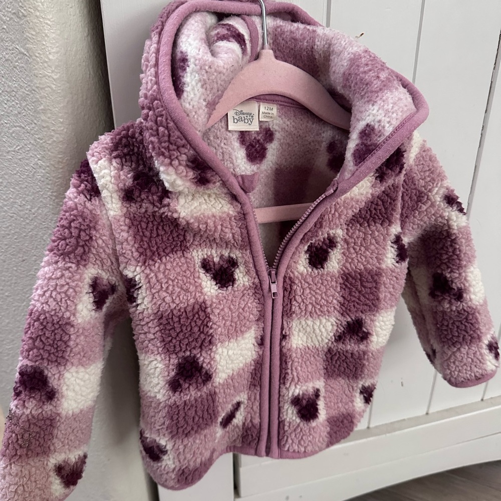 Disney Baby Sherpa Hoodie Jacket Pink Heart Print Size 12M Cozy Zip Up